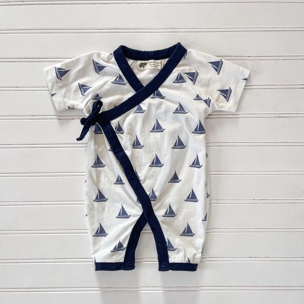 MONICA + ANDY Boys Organic Cotton Nautical Sailboat Print Kimono Style Romper